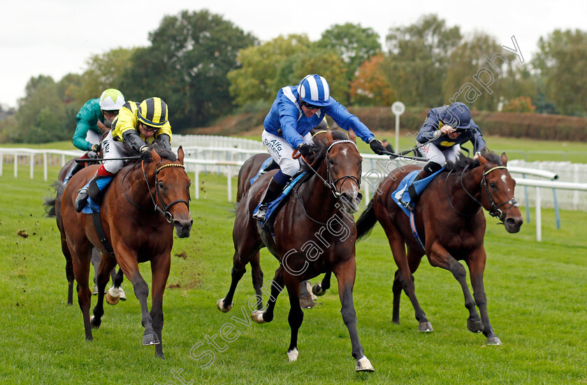 Ikhtiraaq-0005 
 IKHTIRAAQ (centre, Jim Crowley) beats AKHU NAJLA (left) and KNIGHT OF HONOUR (right) in The British EBF Novice Stakes Div1
Leicester 12 Oct 2021 - Pic Steven Cargill / Racingfotos.com