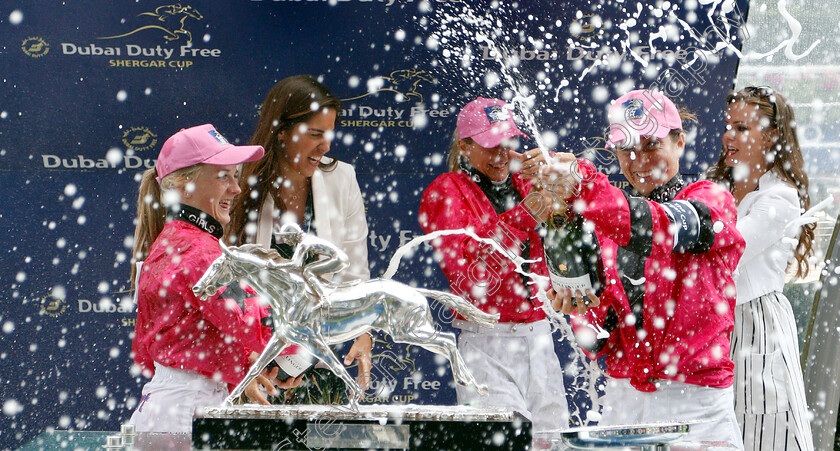 Shergar-Cup-Winners-0004 
 Presentation of the Dubai Duty Free Shergar Cup to the Girls Team, Josephine Gordon, Hollie Doyle and Hayley Turner
Ascot 11 Aug 2018 - Pic Steven Cargill / Racingfotos.com