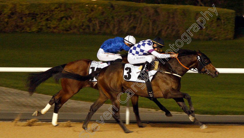 El-Chapo-0004 
 EL CHAPO (Luke Morris) beats RACING COUNTRY (farside) in The UAE 2000 Guineas Trial Div2 Meydan 25 Jan 2018 - Pic Steven Cargill / Racingfotos.com