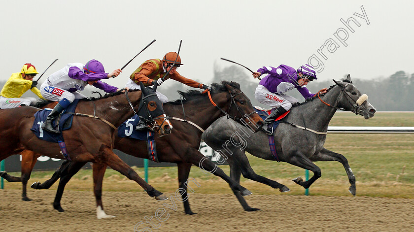 Porrima-0002 
 PORRIMA (right, Luke Morris) beats L'AGE D'OR (2nd right) and TAWAAFOQ (left) in The Betway Maiden Stakes Lingfield 3 Mar 2018 - Pic Steven Cargill / Racingfotos.com