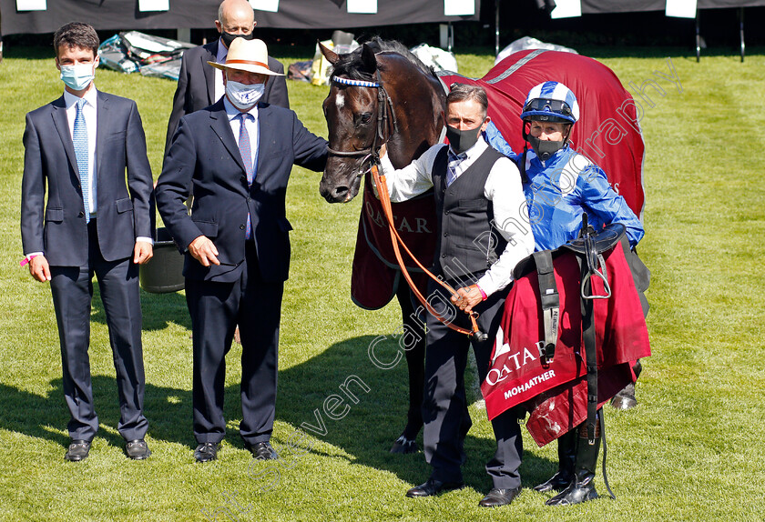 Mohaather-0014 
 MOHAATHER (Jim Crowley) with Marcus Tregoning after The Qatar Sussex Stakes
Goodwood 29 Jul 2020 - Pic Steven Cargill / Racingfotos.com