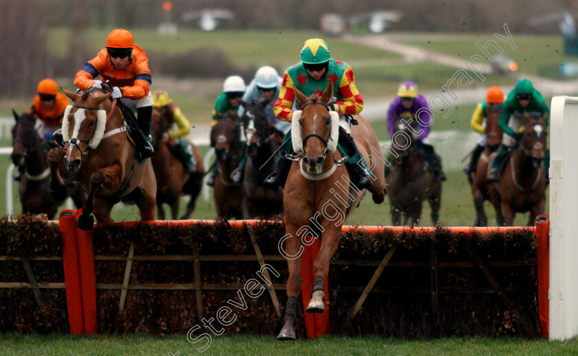 Lil-Rockerfeller-0001 
 LIL ROCKERFELLER (Bryony Frost) jumps with SAM SPINNER (left) 
Cheltenham 26 Jan 2019 - Pic Steven Cargill / Racingfotos.com