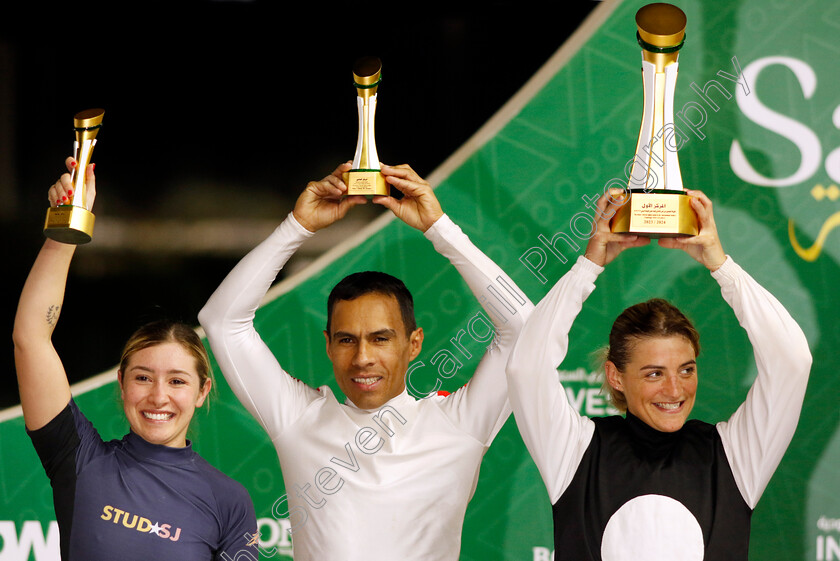 Maryline-Eon-0005 
 Presentation to MARYLINE EON for the International Jockeys Challenge with Camillo Ospina (centre, 2nd) and Victoria Mota (left, 3rd)
King Abdulaziz Racecourse, Saudi Arabia, 23 Feb 2024 - Pic Steven Cargill / Racingfotos.com