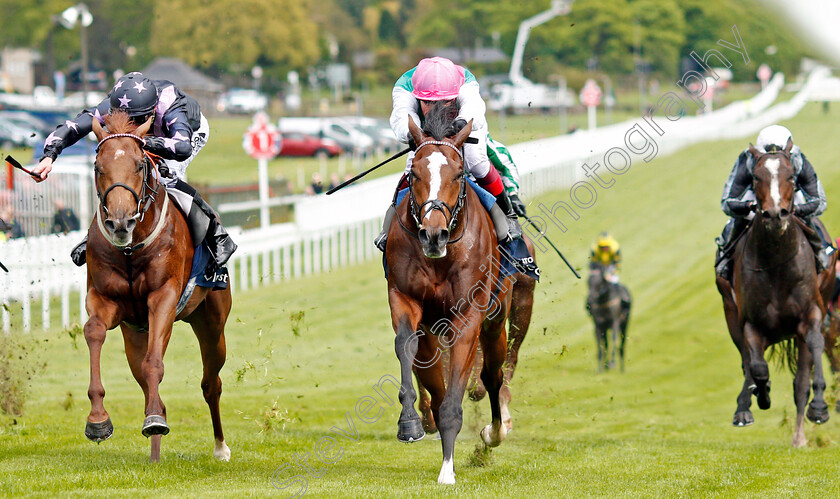 Crossed-Baton-0003 
 CROSSED BATON (centre, Frankie Dettori) beats MY LORD AND MASTER (left) in The Investec Blue Riband Trial Stakes Epsom 25 Apr 2018 - Pic Steven Cargill / Racingfotos.com