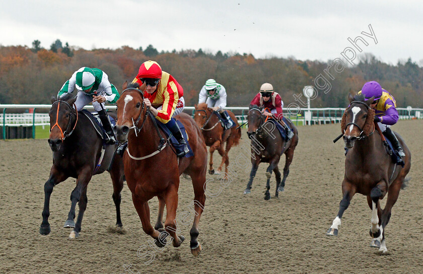 Joegogo-0004 
 JOEGOGO (Fran Berry) beats DOTTED SWISS (left) and INUK (right) in The 32Red Casino Nursery Lingfield 21 Nov 2017 - Pic Steven Cargill / Racingfotos.com