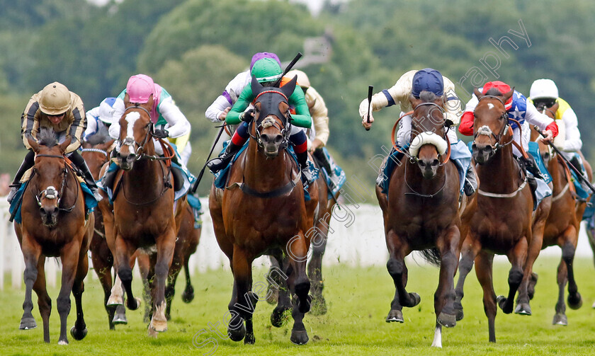 Quinault-0010 
 QUINAULT (centre, Connor Planas) beats WASHINGTON HEIGHTS (right) in The Oakmere Homes Supporting Macmillan Sprint Handicap
York 17 Jun 2023 - Pic Steven Cargill / Racingfotos.com