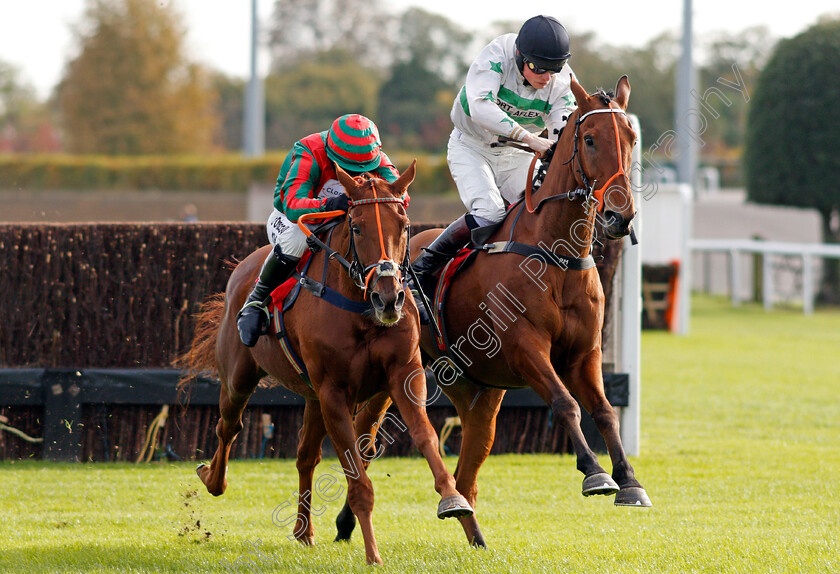 Exitas-0005 
 EXITAS (right, Conor Shoemark) beats VOLT FACE (left) in The Matchbook Betting Podcast Novices Handicap Chase Kempton 22 oct 2017 - Pic Steven Cargill / Racingfotos.com