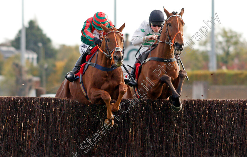 Exitas-0001 
 EXITAS (right, Conor Shoemark) beats VOLT FACE (left) in The Matchbook Betting Podcast Novices Handicap Chase Kempton 22 oct 2017 - Pic Steven Cargill / Racingfotos.com