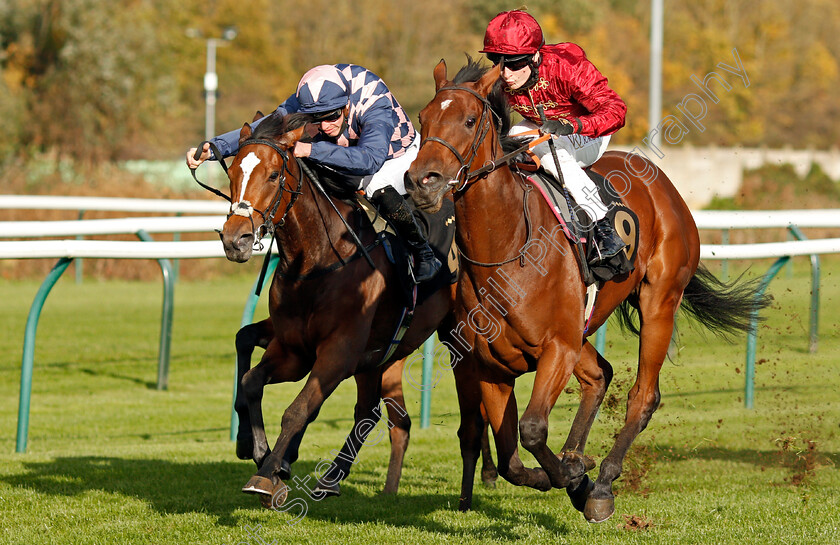 Twisted-Reality-0006 
 TWISTED REALITY (right, Cieren Fallon) beats DANCING TO WIN (left) in The Play 3-2-Win At Mansionbet EBF Maiden Fillies Stakes Div 2
Nottingham 4 Nov 2020 - Pic Steven Cargill / Racingfotos.com