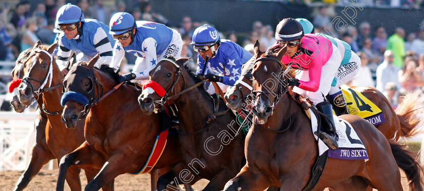 Two-Sixty-0003 
 TWO SIXTY (right, Edgard Zayas) with COMICAL (centre) BAST (2nd left) and WICKED WHISPER (left) during the Breeders Cup Juvenile Fillies
Santa Anita 1 Nov 2019 - Pic Steven Cargill / Racingfotos.com