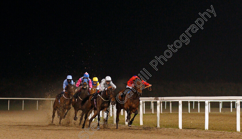 Battle-Of-Marathon-0003 
 BATTLE OF MARATHON (left, Darragh Keenan) chases COSMELLI (2nd left) TULIP FIELDS (2nd right) and AUSTRALIS (right) on his way to winning The chelmsfordcityracecourse.com Handicap
Chelmsford 26 Nov 2020 - Pic Steven Cargill / Racingfotos.com