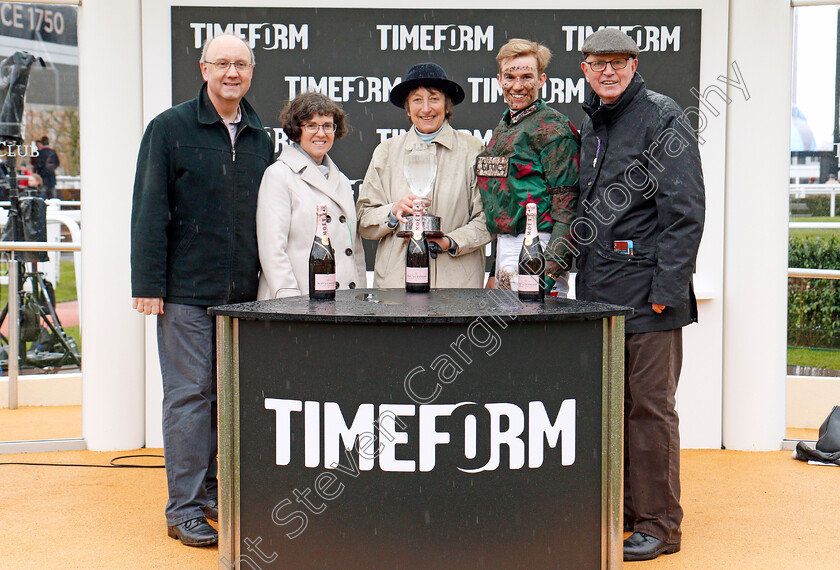 Mister-Whitaker-0009 
 Presentation to Henrietta Knight, Mick Channon and A P Heskin for The Timeform Novices Handicap Chase won by MISTER WHITAKER Cheltenham 27 Jan 2018 - Pic Steven Cargill / Racingfotos.com