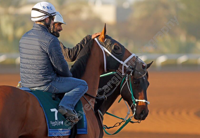 Mandaloun-0004 
 MANDALOUN receives a pat from his pony rider whilst training for The Saudi Cup
King Abdulaziz Racetrack, Riyadh, Saudi Arabia 22 Feb 2022 - Pic Steven Cargill / Racingfotos.com