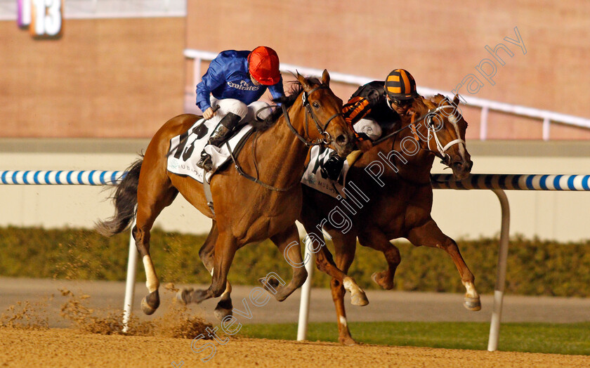 Winter-Lightning-0002 
 WINTER LIGHTNING (left, Pat Cosgrave) beats RAYYA (right) in The UAE 1000 Guineas Trial Meydan 18 Jan 2018 - Pic Steven Cargill / Racingfotos.com