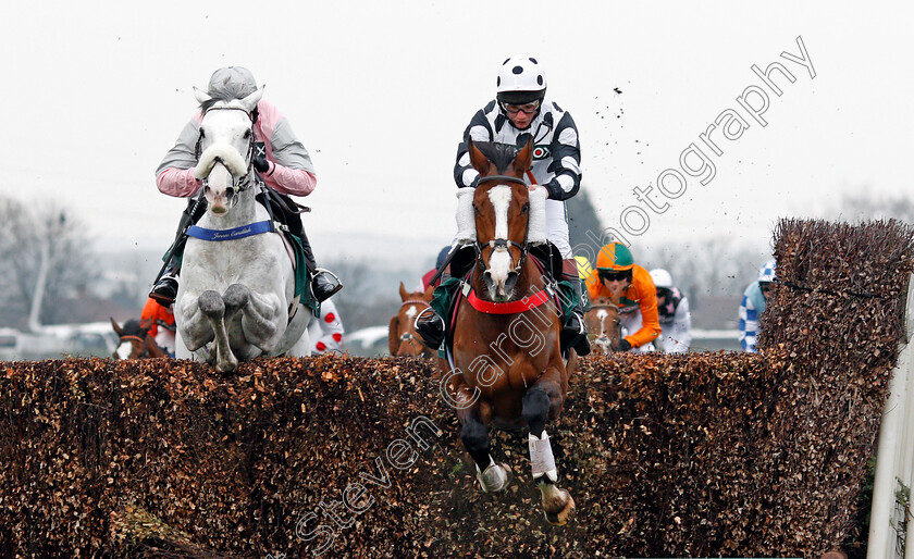 Gino-Trail-0001 
 GINO TRAIL (right, Jamie Moore) jumps with THEFLYINGPORTRAIT (left) Aintree 12 Apr 2018 - Pic Steven Cargill / Racingfotos.com