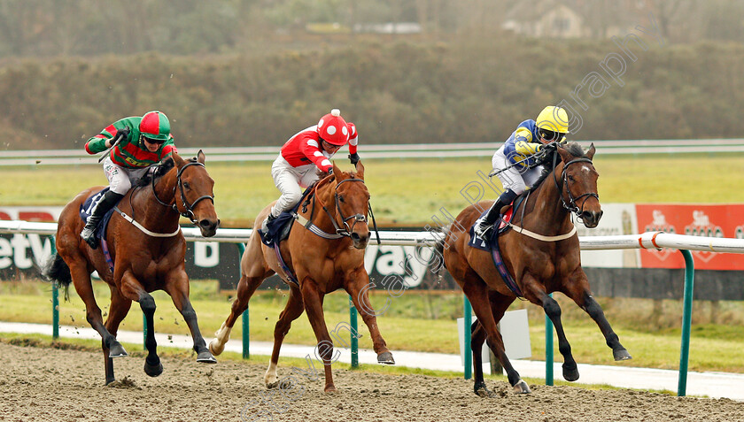 Shyron-0001 
 SHYRON (right, Jane Elliott) beats RIGHT TOUCH (left) and PEARL SPECTRE (centre) in The Play Starburst Slot At sunbets.co.uk/vegas Handicap Lingfield 13 Dec 2017 - Pic Steven Cargill / Racingfotos.com