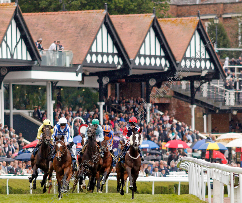 Chief-Ironside-0003 
 CHIEF IRONSIDE (left, Kieran Shoemark) leading with a circuit to run on his way to winning The Deepbridge Capital Maiden Stakes Chester 9 May 2018 - Pic Steven Cargill / Racingfotos.com