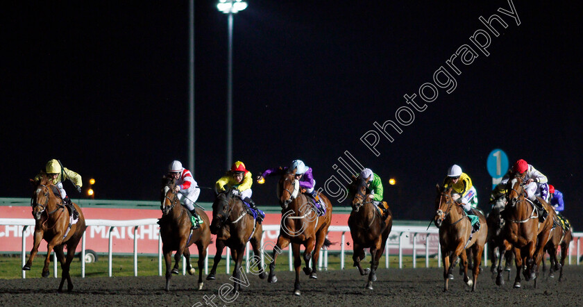 Folies-Bergeres-0001 
 FOLIES BERGERES (left, Nicola Currie) beats POLAR LIGHT (centre) in The Commission Free Racing At Matchbook Median Auction Maiden Fillies Stakes Kempton 21 Mar 2018 - Pic Steven Cargill / Racingfotos.com