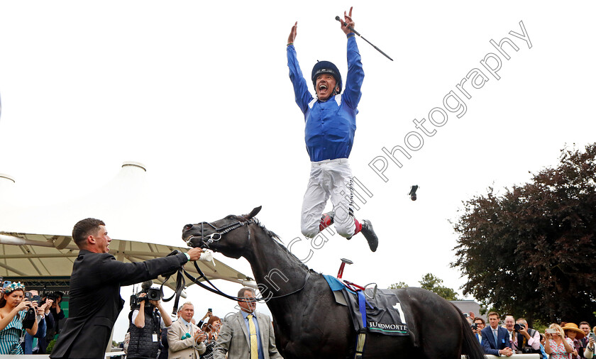 Mostahdaf-0014 
 Frankie Dettori leaps from Mostahdaf winner of The Juddmonte International Stakes
York 23 Aug 2023 - Pic Steven Cargill / Racingfotos.com