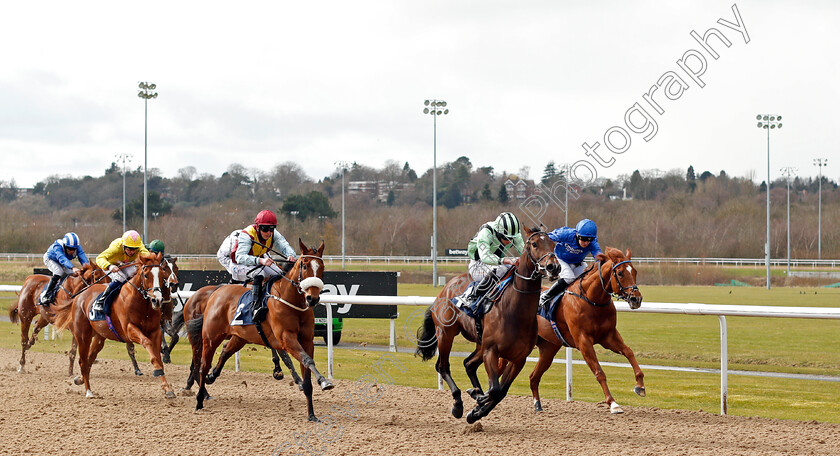 Fiordland-0001 
 FIORDLAND (Ryan Moore) beats ELAKAZAAM (left) and KING LEO (right) in The Bombardier March To Your Own Drum Novice Stakes
Wolverhampton 13 Mar 2021 - Pic Steven Cargill / Racingfotos.com