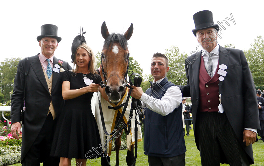 Without-Parole-0016 
 WITHOUT PAROLE with owners John Gunther and Tanya Gunther and trainer John Gosden after The St James's Palace Stakes
Royal Ascot 19 Jun 2018 - Pic Steven Cargill / Racingfotos.com