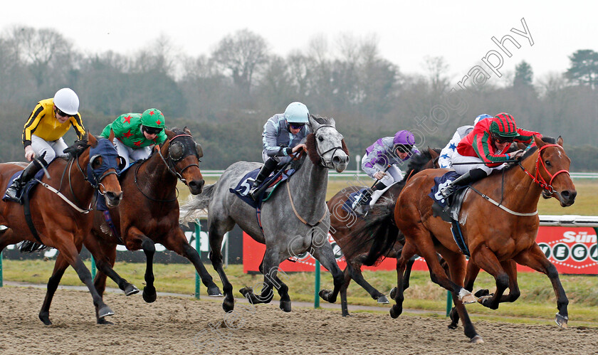 Easy-Tiger-0004 
 EASY TIGER (Liam Keniry) beats GENERAL HAZARD (centre) ELTEZAM (2nd left) and TOWERLANDS PARK (left) in The Betway Handicap Lingfield 6 Jan 2018 - Pic Steven Cargill / Racingfotos.com