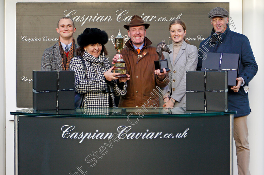 Warthog-0007 
 Presentation to Caroline Tisdall, Bryan Drew and David Pipe for The Caspian Caviar Gold Cup won by WARTHOG
Cheltenham 14 Dec 2019 - Pic Steven Cargill / Racingfotos.com