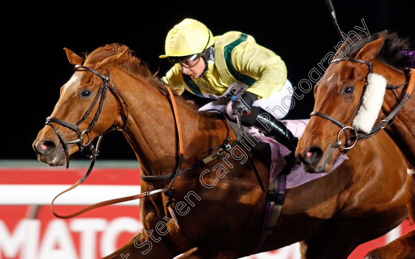 Folies-Bergeres-0003 
 FOLIES BERGERES (Nicola Currie) wins The Commission Free Racing At Matchbook Median Auction Maiden Fillies Stakes Kempton 21 Mar 2018 - Pic Steven Cargill / Racingfotos.com