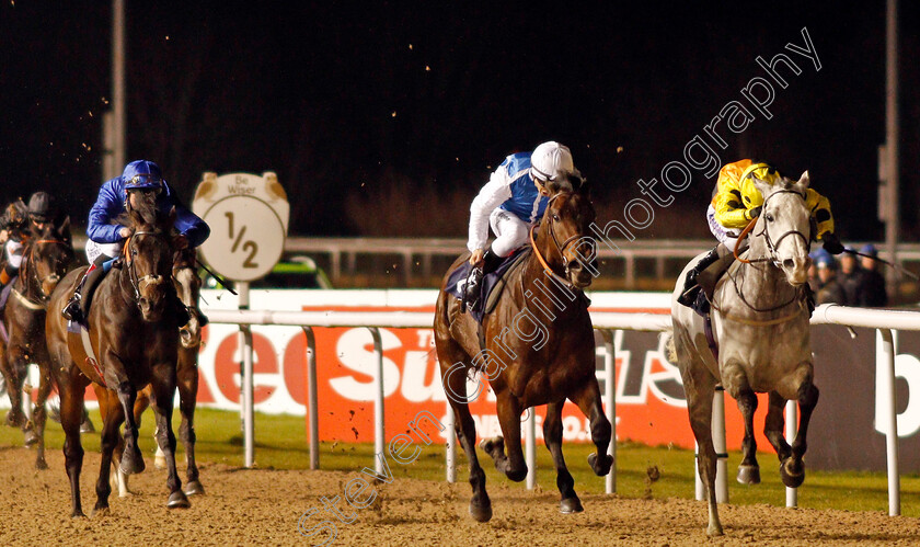 Watersmeet-0004 
 WATERSMEET (right, Joe Fanning) beats FUNNY KID (centre) and FRONTIERSMAN (left) in The Betway Live Casino Conditions Stakes Wolverhampton 15 Jan 2018 - Pic Steven Cargill / Racingfotos.com