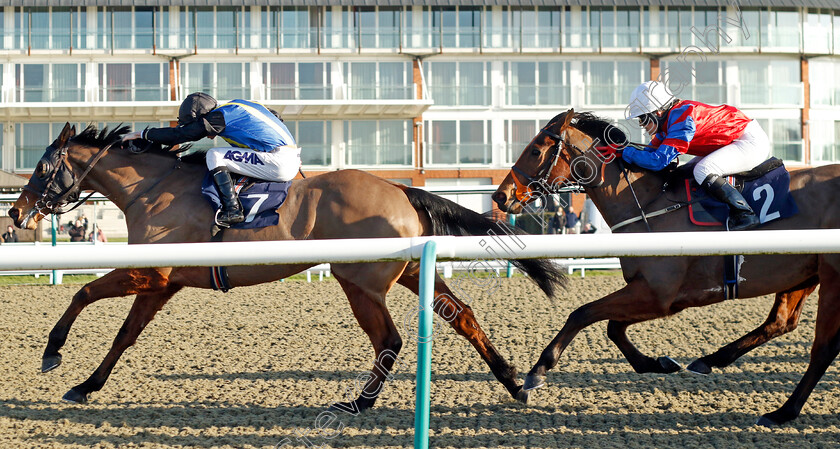 Beau-Geste-0002 
 BEAU GESTE (right, Molly Gunn) beats DIVINE MESSENGER (left) in The Spreadex Sports First Goalscorer Insurance Classified Stakes
Lingfield 21 Jan 2023 - Pic Steven Cargill / Racingfotos.com