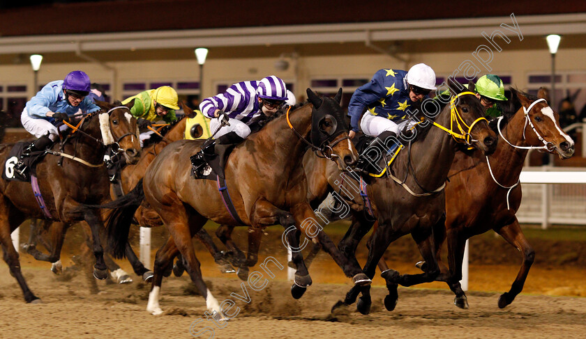 Ertidaad-0002 
 ERTIDAAD (centre, Charles Bishop) beats DUKES MEADOW (2nd right) and HOW'S LUCY (right) in The Bet toteWIN At betfred.com Handicap Chelmsford 8 Dec 2017 - Pic Steven Cargill / Racingfotos.com