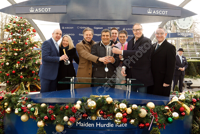 Ask-Dillon-0014 
 Presentation to Fergal O'Brien, Paddy Brennan and The 4 For Fun Partnership for The Eventmasters.co.uk Maiden Hurdle won by ASK DILLON	
Ascot 21 Dec 2018 - Pic Steven Cargill / Racingfotos.com