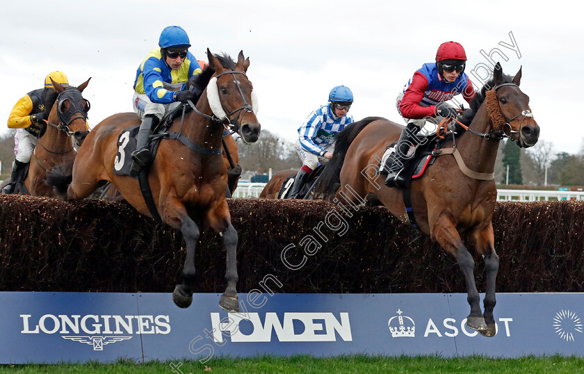 Threeunderthrufive-0006 
 THREEUNDERTHRUFIVE (right, Harry Cobden) beats SHAN BLUE (left) in The Injured Jockeys Fund Ambassadors Programme Swinley Handicap Chase
Ascot 17 Feb 2024 - Pic Steven Cargill / Racingfotos.com