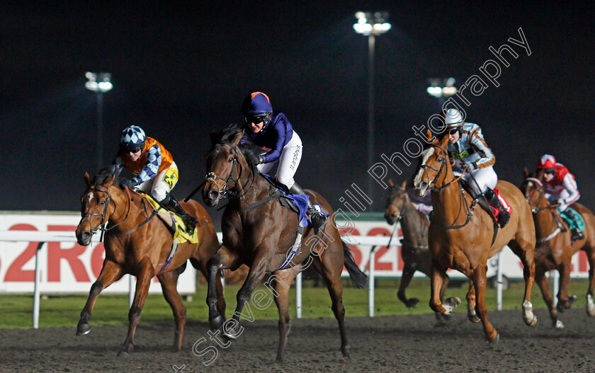 Time-To-Blossom-0003 
 TIME TO BLOSSOM (centre, Serena Brotherton) beats EVERY CHANCE (left) in The 100% Profit Boost At 32Redsport.com Amateur Riders Handicap Kempton 10 Jan 2018 - Pic Steven Cargill / Racingfotos.com