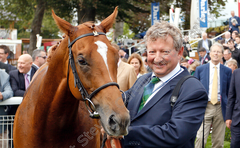 Poet s-Society-0010 
 MARK JOHNSTON with POET'S SOCIETY after the Clipper Logistics Handicap, becoming the winningmost trainer in the UK of all time
York 23 Aug 2018 - Pic Steven Cargill / Racingfotos.com