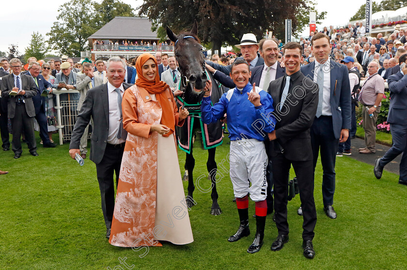 Mostahdaf-0017 
 MOSTAHDAF (Frankie Dettori) with Sheikha Hissa, Angus Gold, John Gosden, Thady Gosden and Richard Hills after The Juddmonte International Stakes
York 23 Aug 2023 - Pic Steven Cargill / Racingfotos.com