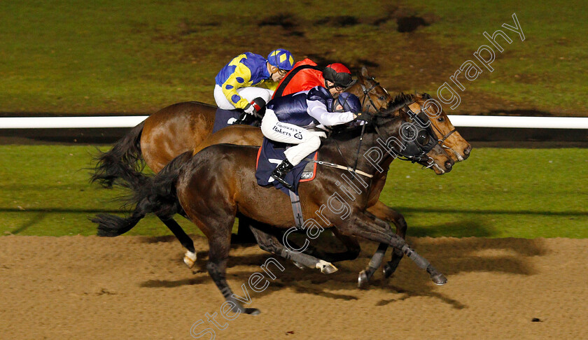 Kodiline-0004 
 KODILINE (nearside, Richard Kingscote) beats BILLYFAIRPLAY (centre) and ANGEL PALANAS (farside) in The Bombardier British Hopped Amber Beer Claiming Stakes
Wolverhampton 13 Jan 2020 - Pic Steven Cargill / Racingfotos.com