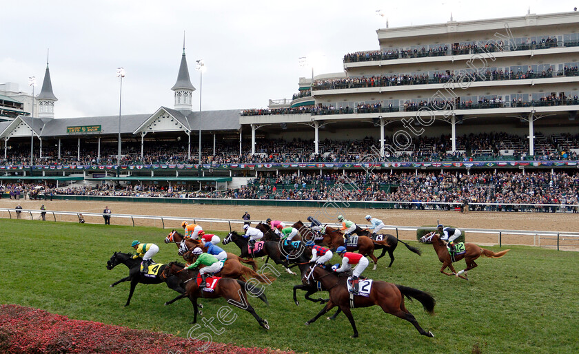 Line-Of-Duty-0010 
 LINE OF DUTY (blue, William Buick) with the field passing the stands during the Breeders' Cup Juvenile Turf
Churchill Downs 2 Nov 2018 - Pic Steven Cargill / Racingfotos.com