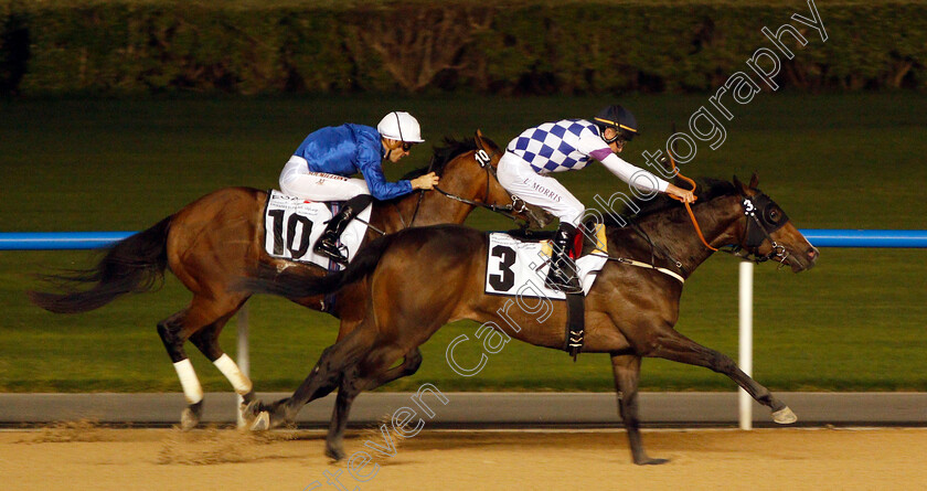 El-Chapo-0006 
 EL CHAPO (Luke Morris) beats RACING COUNTRY (farside) in The UAE 2000 Guineas Trial Div2 Meydan 25 Jan 2018 - Pic Steven Cargill / Racingfotos.com