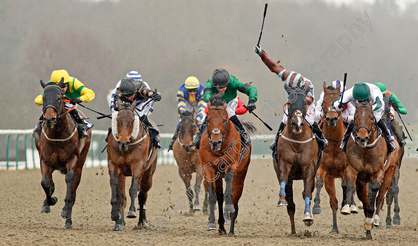 Kachy-0005 
 KACHY (centre, Richard Kingscote) beats KIMBERELLA (right) CASPIAN PRINCE (2nd right) INTISAAB (2nd left) and LANCELOT DU LAC (left) in The Betway Cleves Stakes Lingfield 3 Feb 2018 - Pic Steven Cargill / Racingfotos.com