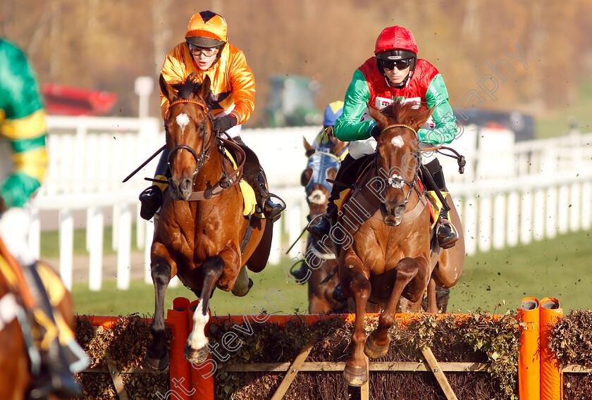 Quel-Destin-0001 
 QUEL DESTIN (right, Harry Cobden) beats MONTESTREL (left) in The JCB Triumph Trial Juvenile Hurdle
Cheltenham 17 Nov 2018 - Pic Steven Cargill / Racingfotos.com