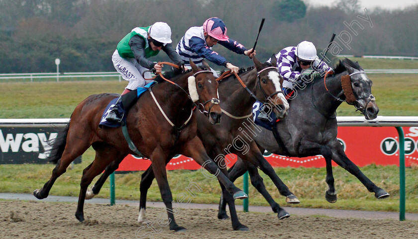 Noble-Behest-0004 
 NOBLE BEHEST (left, Adam Kirby) beats LOST THE MOON (centre) and VOLPONE JELOIS (right) in The Betway Stayers Handicap Lingfield 20 Dec 2017 - Pic Steven Cargill / Racingfotos.com