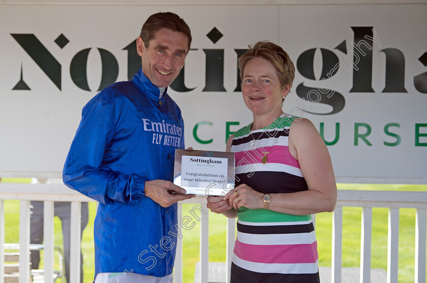 Hallasan-0012 
 Presentation to Dougie Costello by Dido Harding for The Charge Up Your Summer With Rhino.bet EBF Maiden Stakes
Nottingham 19 Jul 2024 - Pic Steven Cargill / Megan Dent / Racingfotos.com