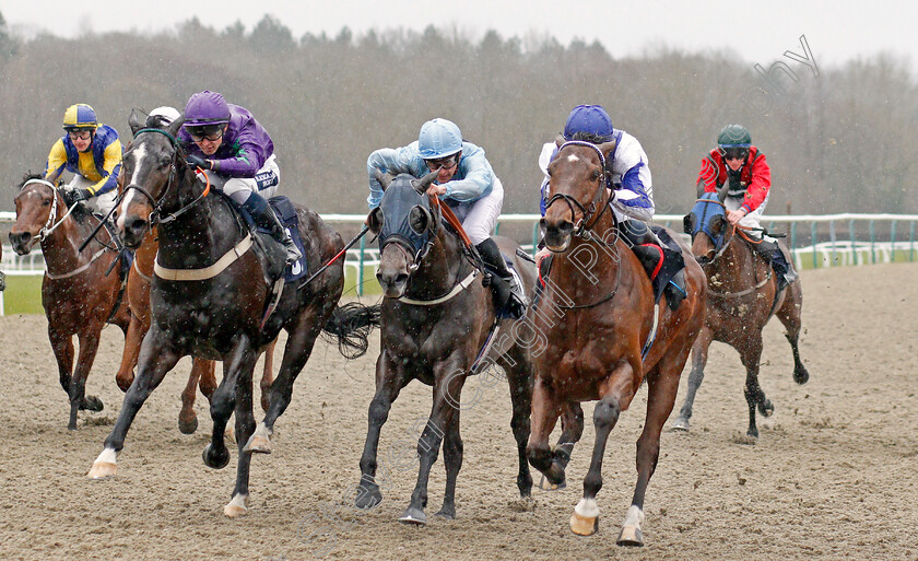 The-Warrior-0002 
 THE WARRIOR (right, Daniel Muscutt) beats PURPLE PADDY (left) and HUDDLE (centre) in The Bombardier March To Your Own Drum Handicap
Lingfield 15 Feb 2020 - Pic Steven Cargill / Racingfotos.com