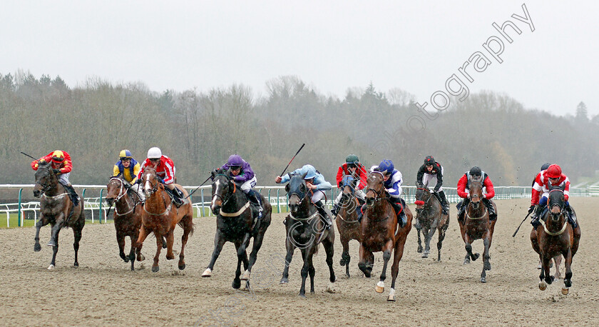 The-Warrior-0001 
 THE WARRIOR (blue cap right, Daniel Muscutt) wins The Bombardier March To Your Own Drum Handicap
Lingfield 15 Feb 2020 - Pic Steven Cargill / Racingfotos.com