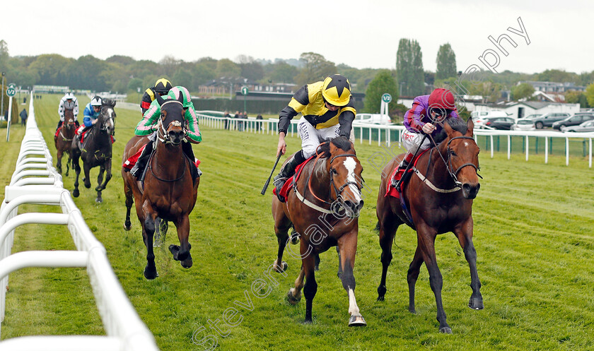 Haddaf-0002 
 HADDAF (centre, Ryan Moore) beats DIAMOND DOUGAL (right) in The bet365 Handicap Sandown 27 Apr 2018 - Pic Steven Cargill / Racingfotos.com