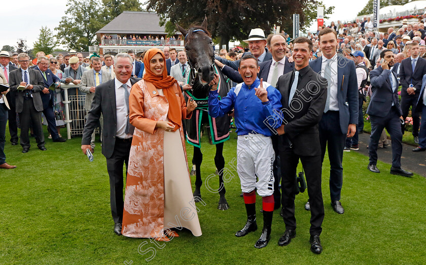 Mostahdaf-0018 
 MOSTAHDAF (Frankie Dettori) with Sheikha Hissa, Angus Gold, John Gosden, Thady Gosden and Richard Hills after The Juddmonte International Stakes
York 23 Aug 2023 - Pic Steven Cargill / Racingfotos.com