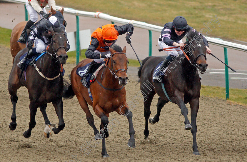 Marshal-Dan-0003 
 MARSHAL DAN (centre, Luke Morris) beats GOLDEN FOOTSTEPS (left) and CLOUD EIGHT (right) in The 32Redpoker.com Handicap Lingfield 14 Feb 2018 - Pic Steven Cargill / Racingfotos.com