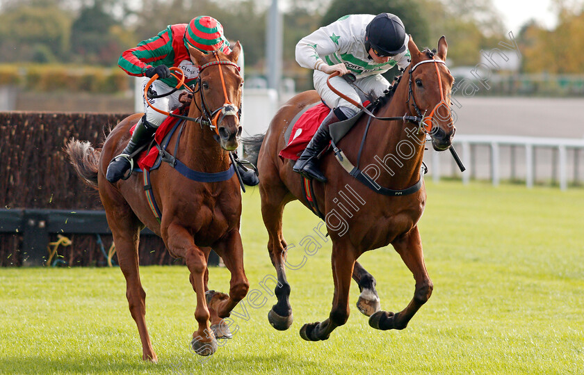 Exitas-0006 
 EXITAS (right, Conor Shoemark) beats VOLT FACE (left) in The Matchbook Betting Podcast Novices Handicap Chase Kempton 22 oct 2017 - Pic Steven Cargill / Racingfotos.com