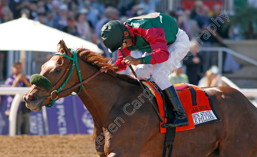 Gland-Slam-Smile-0002 
 GRAND SLAM SMILE (Frank Alvarado) wins The Golden State Juvenile Fillies
Santa Anita 3 Nov 2023 - Pic Steven Cargill / Racingfotos.com